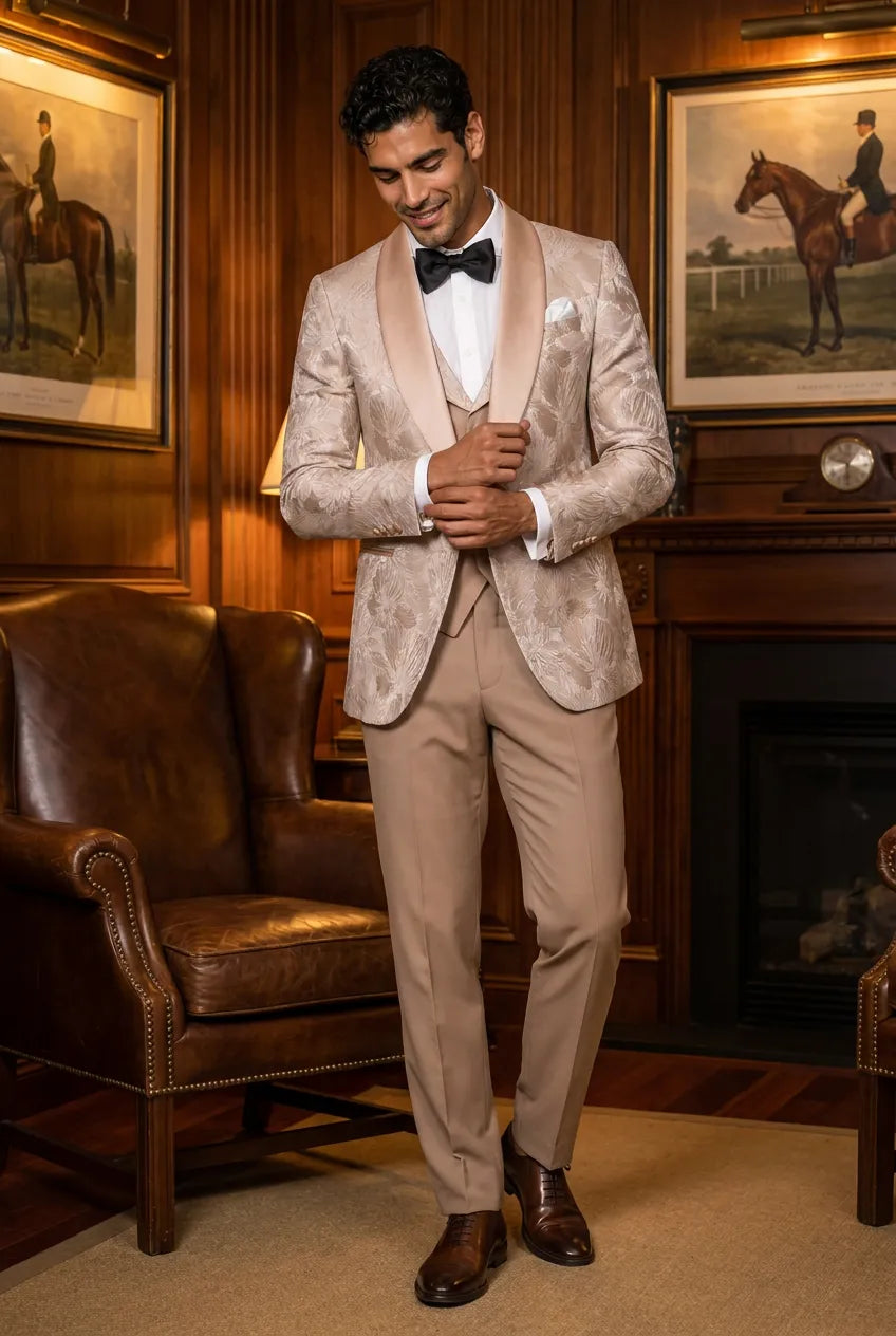 Topaz Symphony Champagne Gold Floral Jacquard 3-Piece Tuxedo - Nevo Suit
