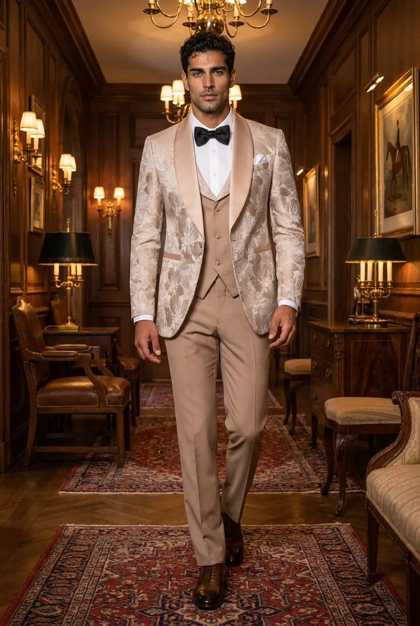 Topaz Symphony Champagne Gold Floral Jacquard 3-Piece Tuxedo - Nevo Suit