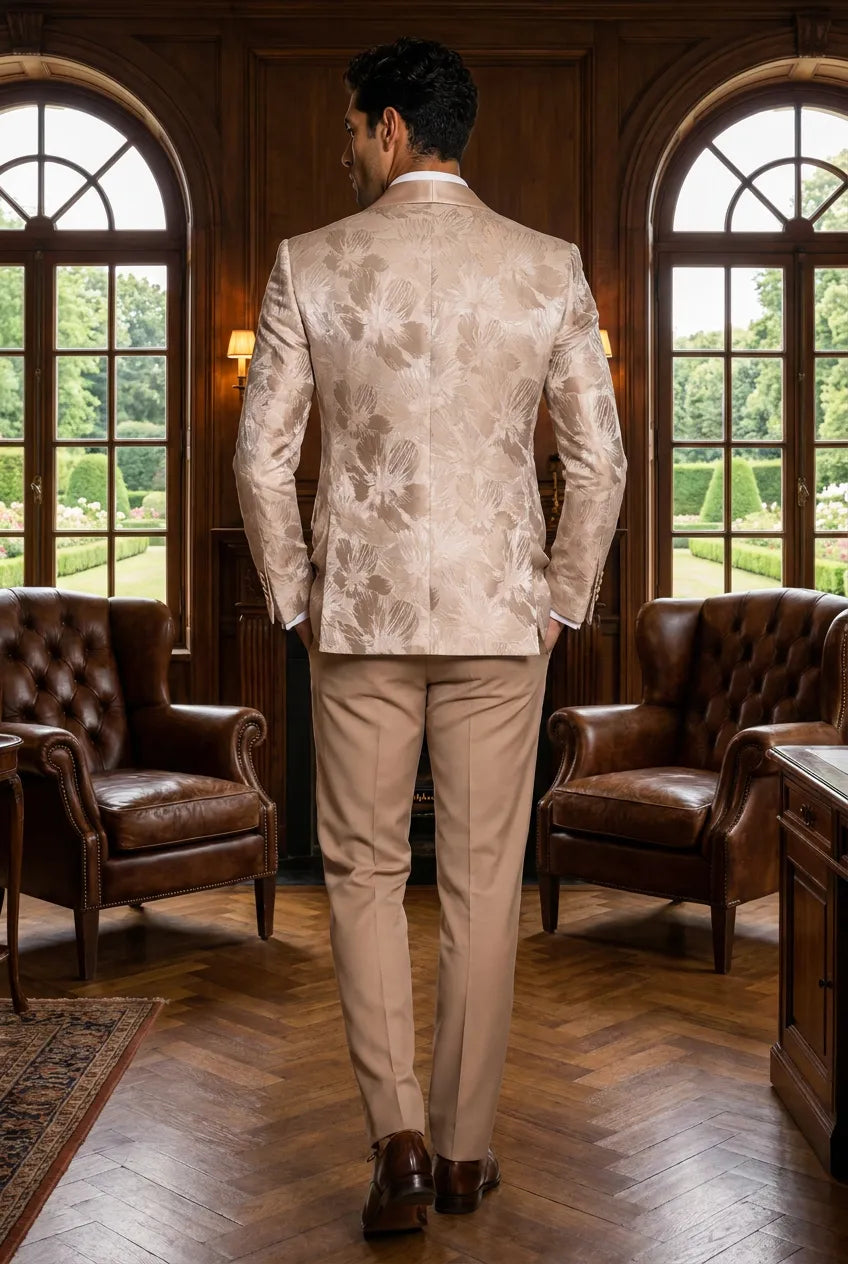 Topaz Symphony Champagne Gold Floral Jacquard 3-Piece Tuxedo - Nevo Suit