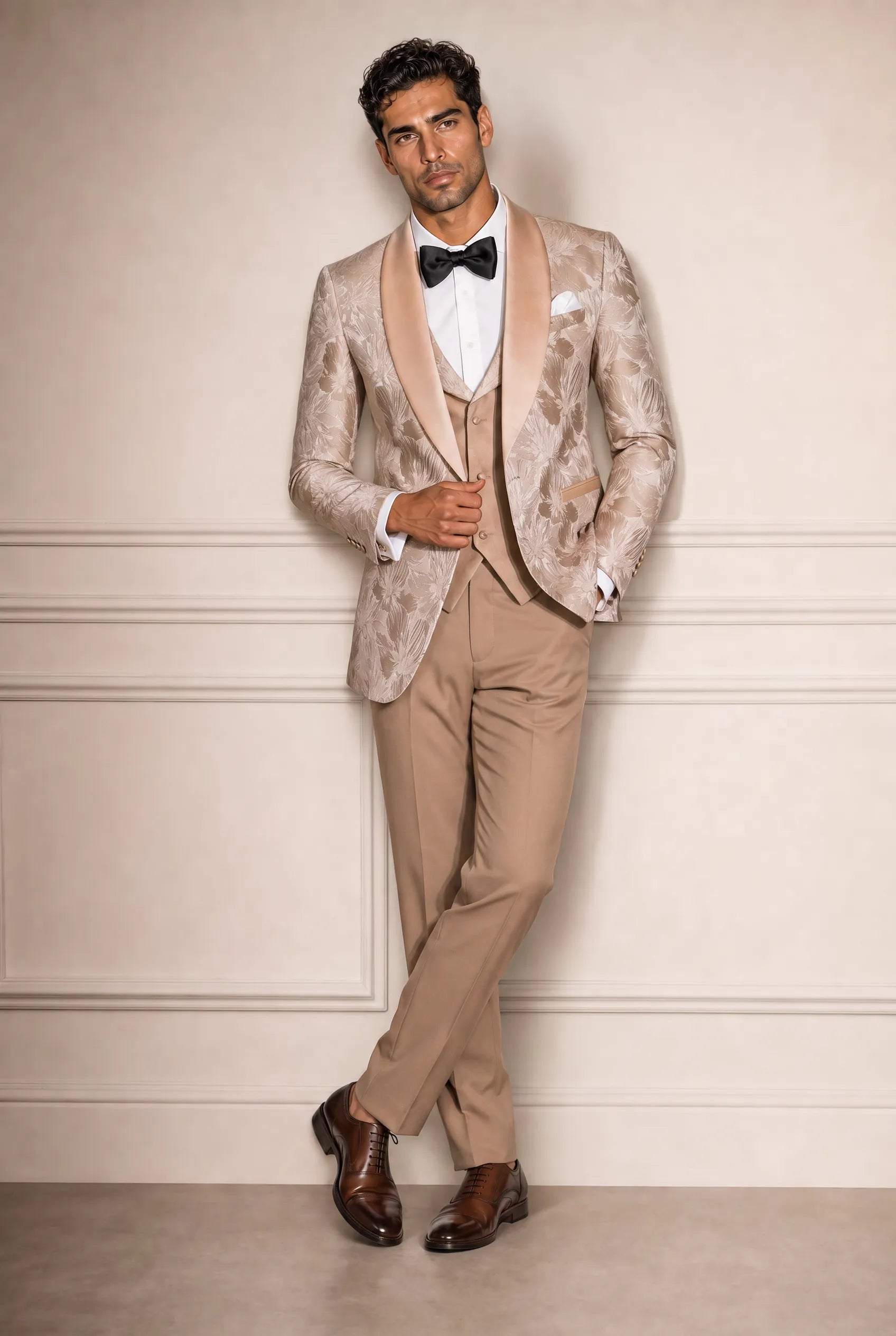 Topaz Symphony Champagne Gold Floral Jacquard 3-Piece Tuxedo - Nevo Suit