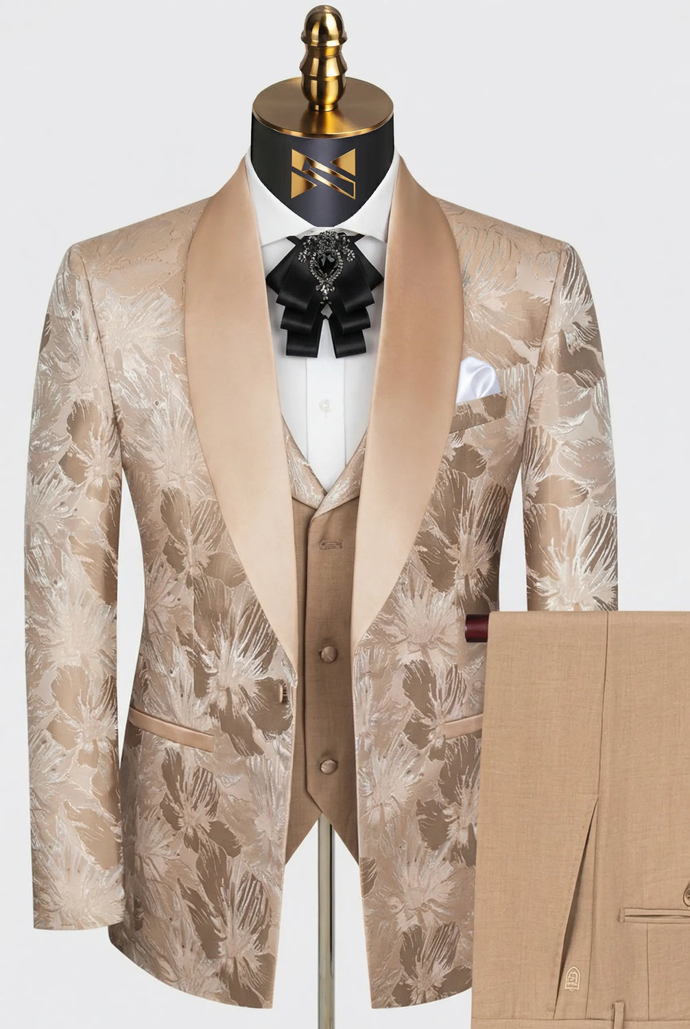 Topaz Symphony Champagne Gold Floral Jacquard 3-Piece Tuxedo - Nevo Suit