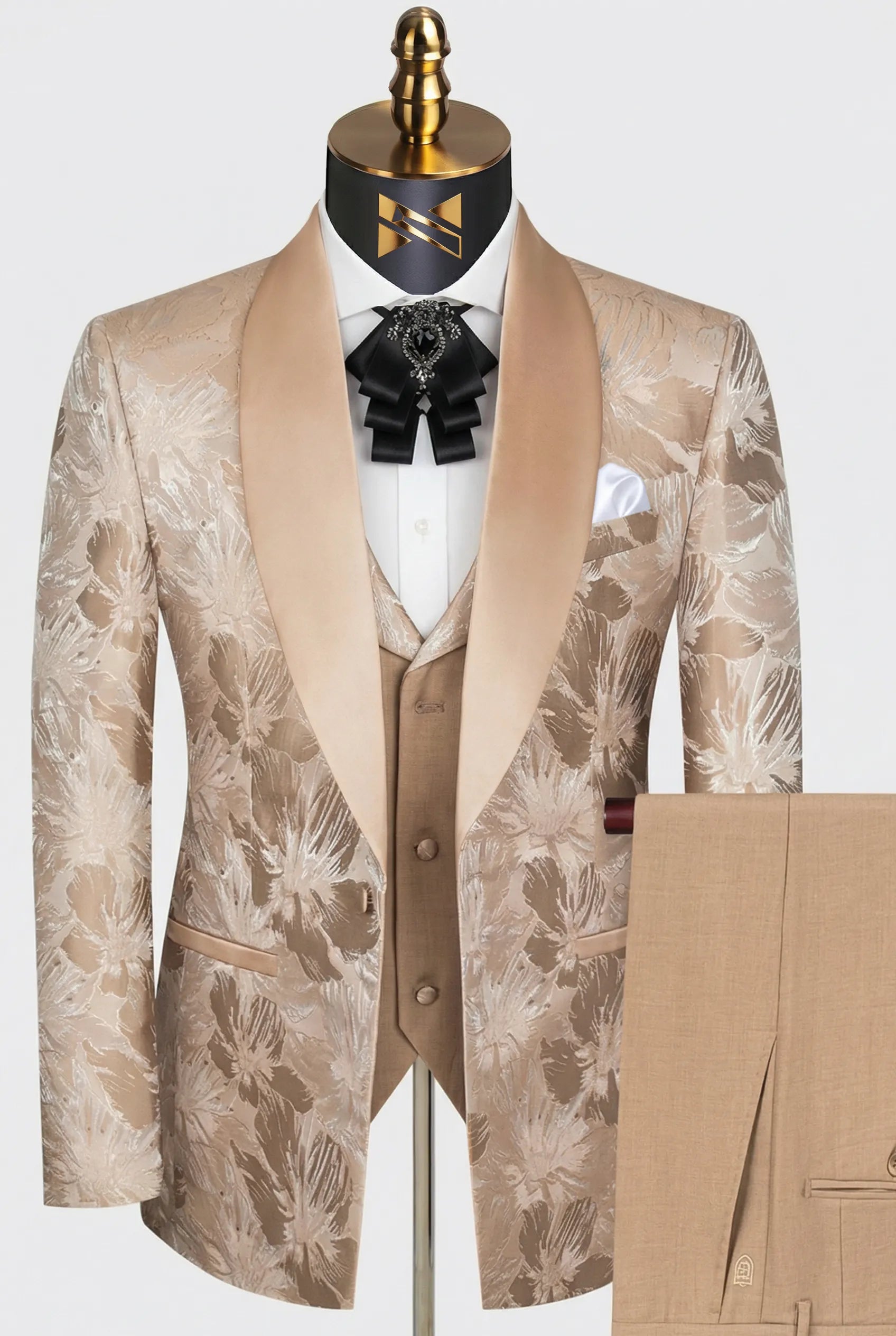 Side view - Champagne Gold Floral Jacquard Shawl Tuxedo - Nevo Suit