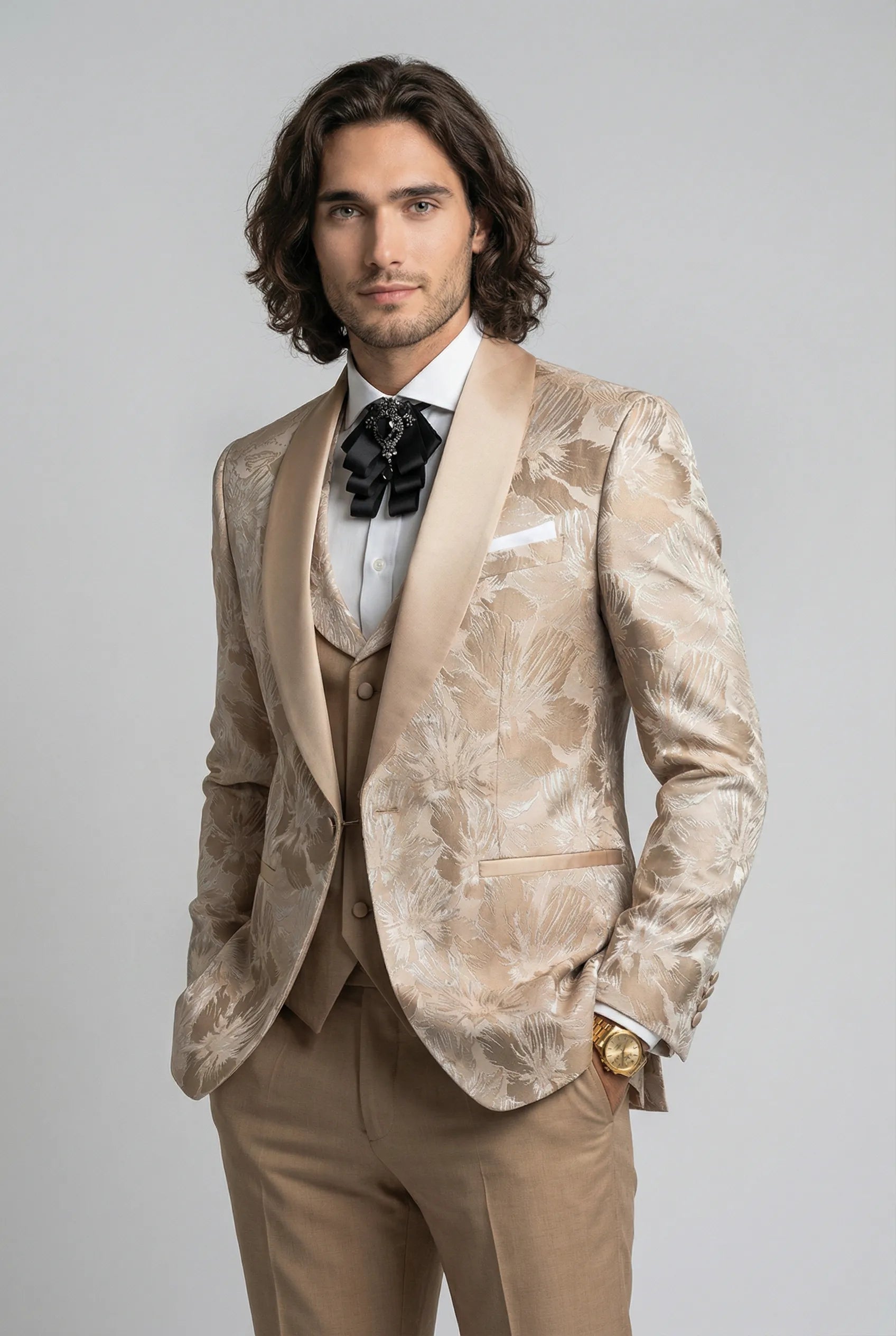 Champagne Gold Floral Jacquard Shawl Tuxedo - studio front - Nevo Suit