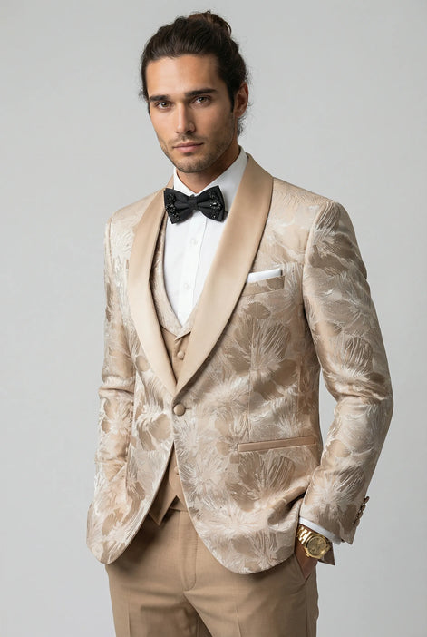 Back view - Champagne Gold Floral Jacquard Shawl Tuxedo - Nevo Suit