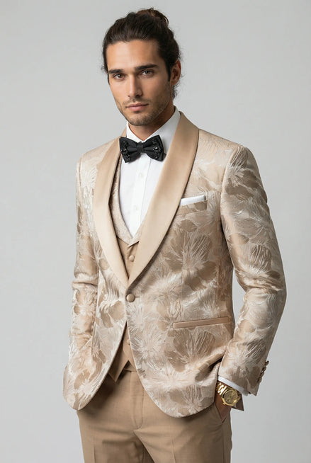 Back view - Champagne Gold Floral Jacquard Shawl Tuxedo - Nevo Suit
