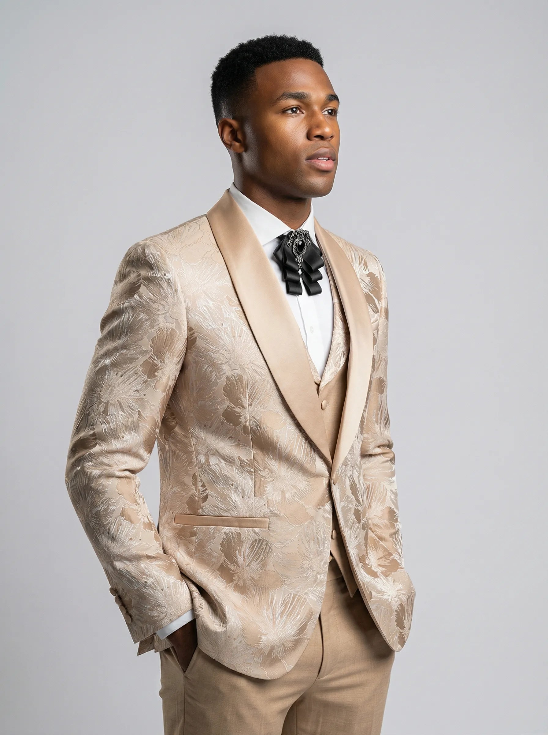 Champagne Gold Floral Jacquard Shawl Tuxedo - full body view - Nevo Suit