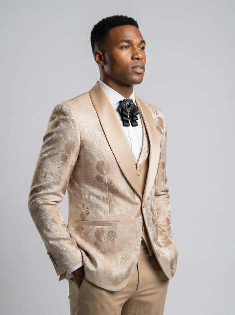 Champagne Gold Floral Jacquard Shawl Tuxedo - full body view - Nevo Suit