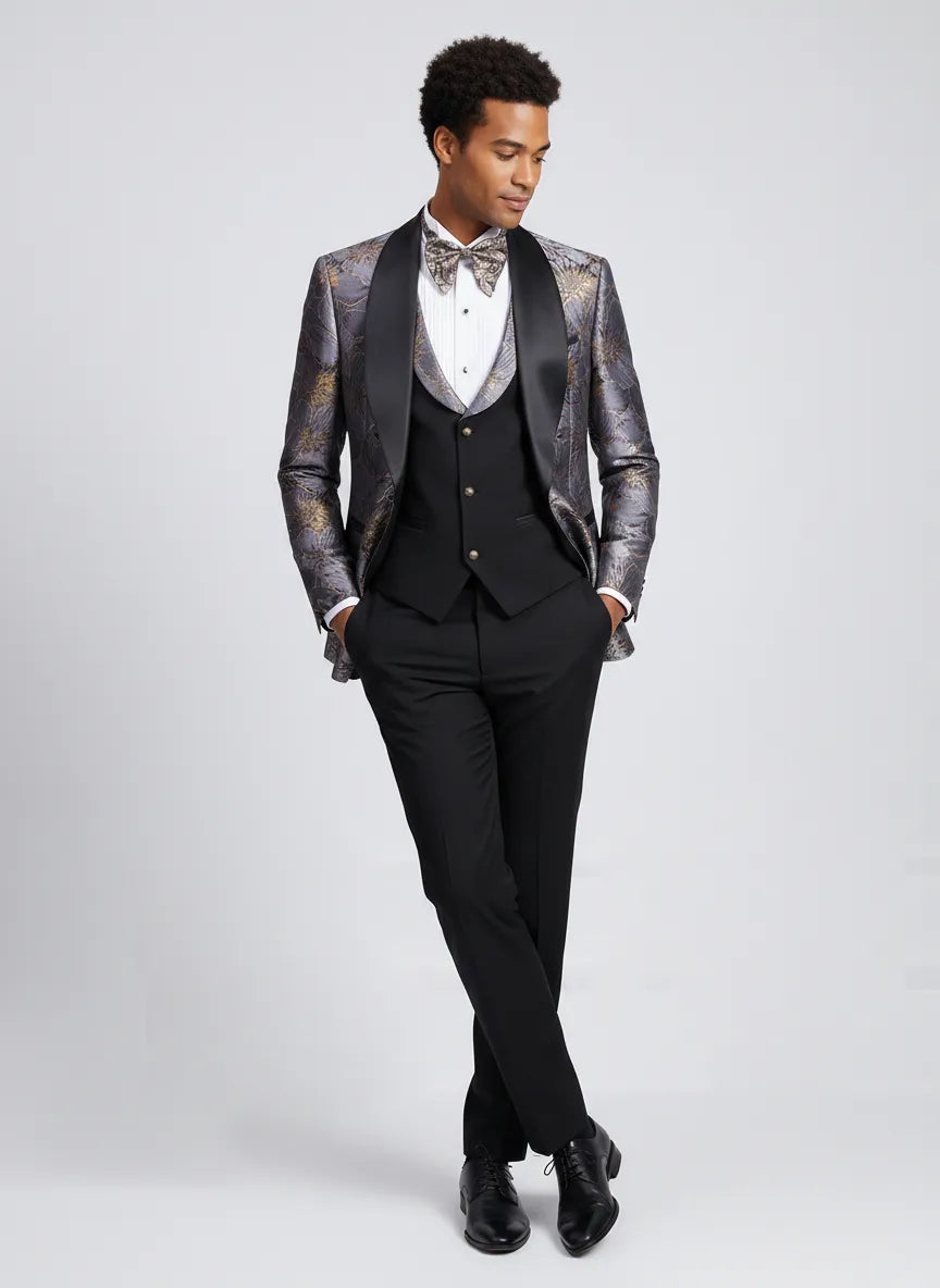 Back view - Silver Floral Jacquard Shawl Tuxedo - Nevo Suit