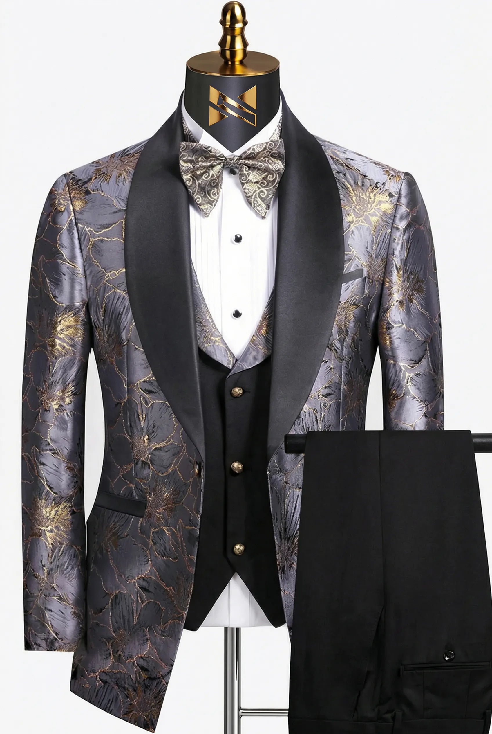 Silver Floral Jacquard fabric detail - Nevo Suit