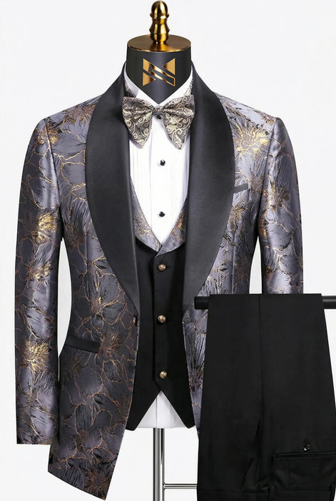 Silver Floral Jacquard fabric detail - Nevo Suit