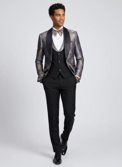 Silver Floral Jacquard Shawl Tuxedo - flat lay view - Nevo Suit