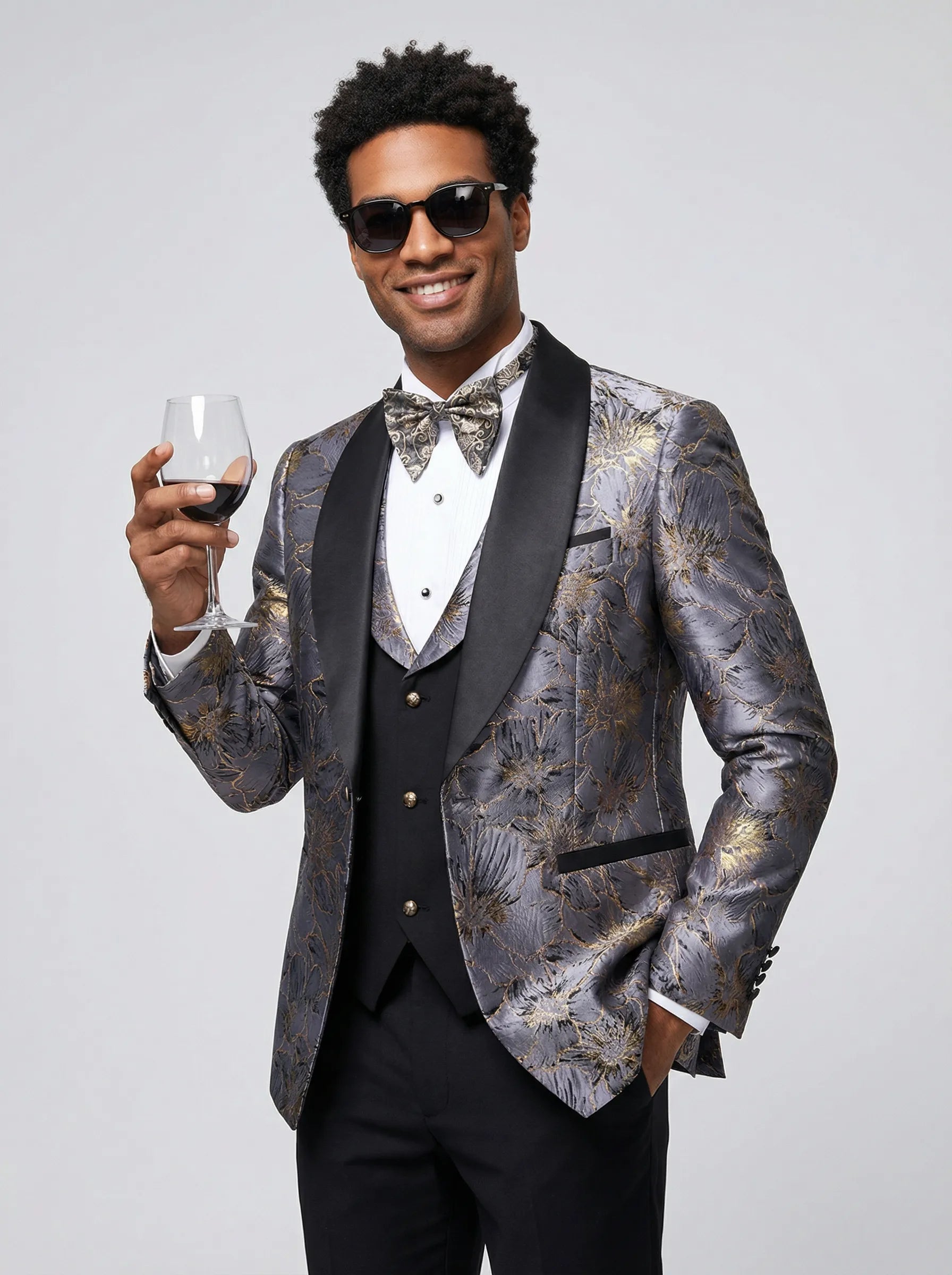 Side view - Silver Floral Jacquard Shawl Tuxedo - Nevo Suit