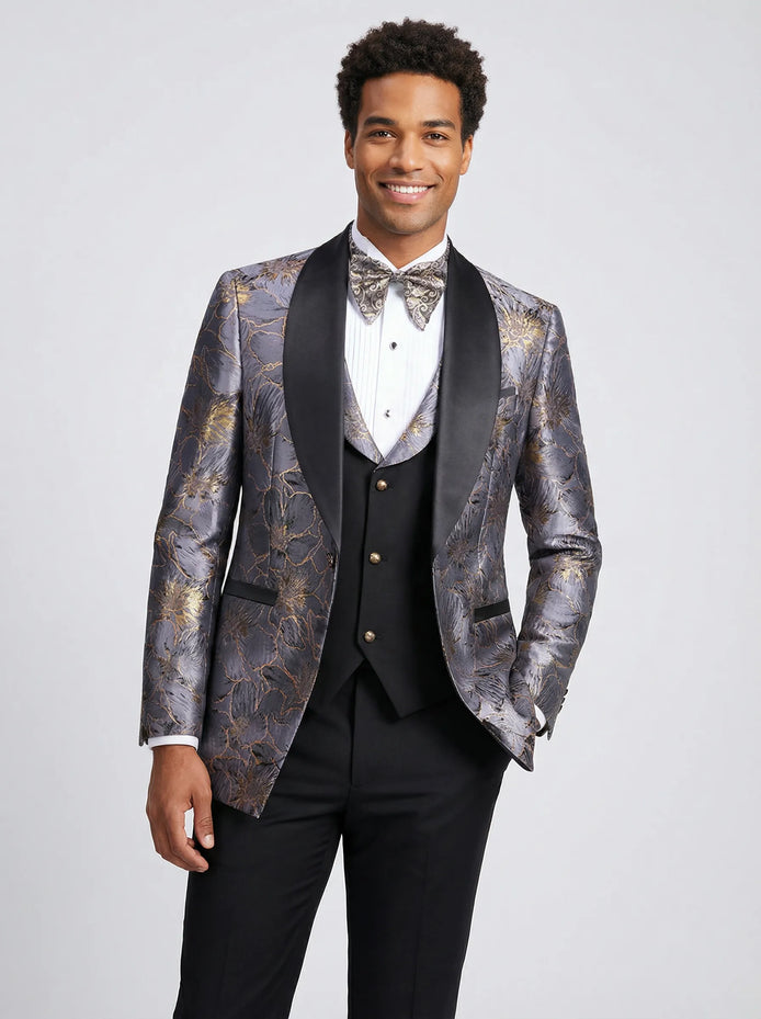 Front view - Silver Floral Jacquard Shawl Tuxedo - Nevo Suit