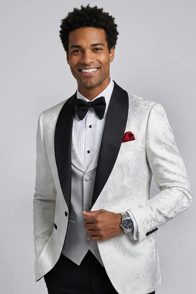Front view - White Silver Floral Jacquard Shawl Tuxedo - Nevo Suit