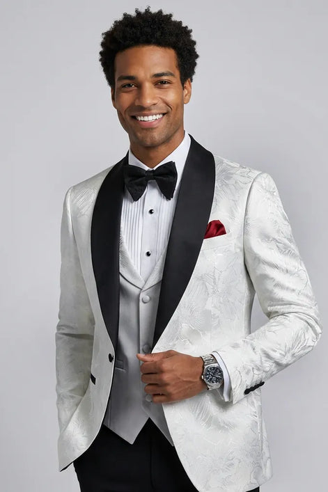 Front view - White Silver Floral Jacquard Shawl Tuxedo - Nevo Suit