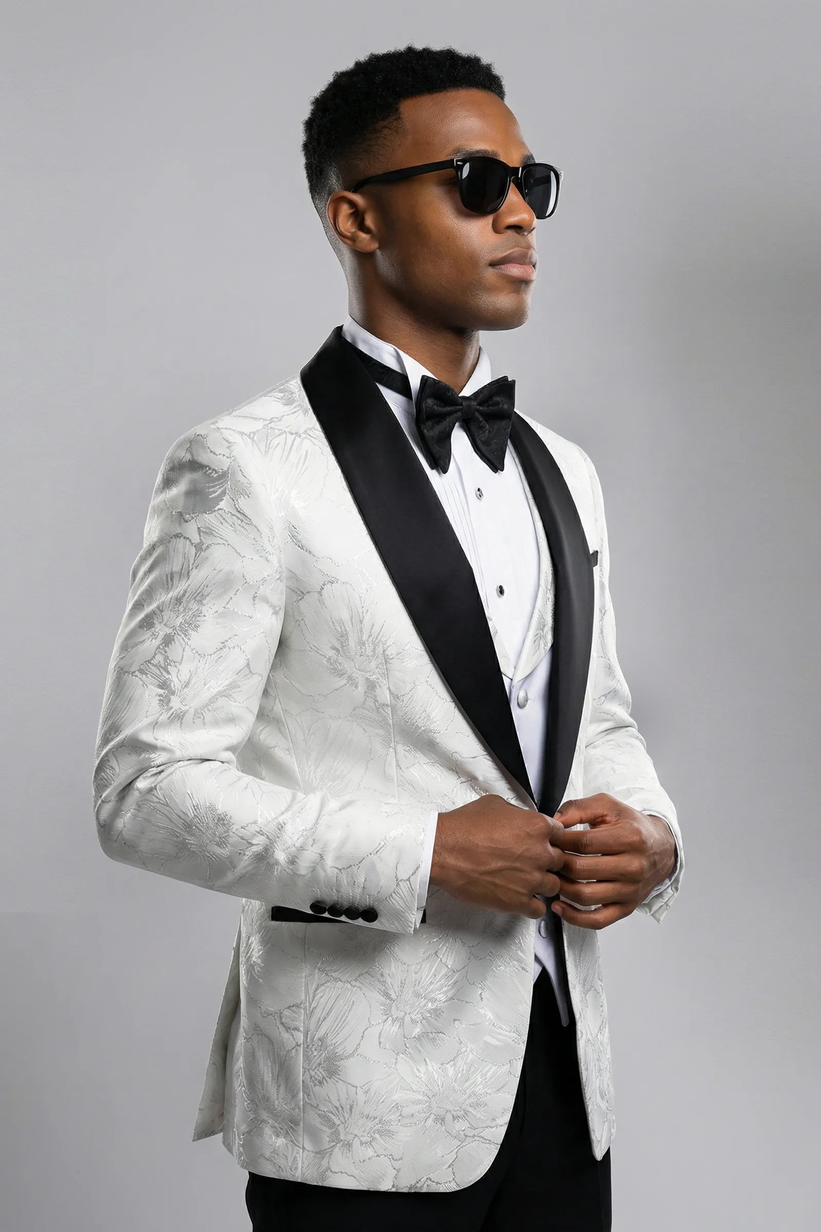 White Silver Floral Jacquard Shawl Tuxedo - model view - Nevo Suit