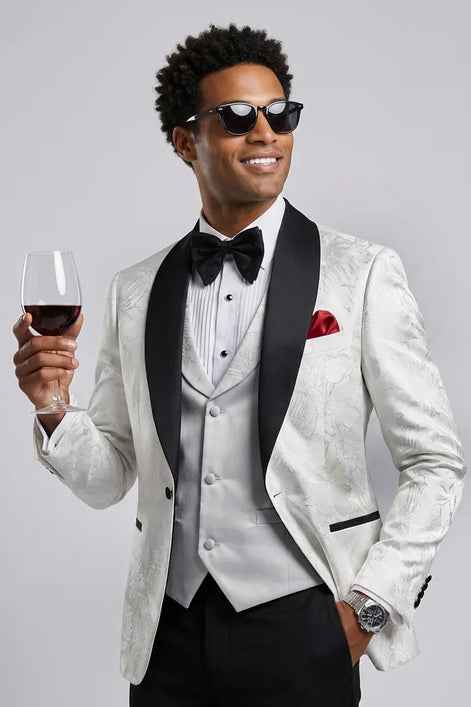 White Silver Floral Jacquard Shawl Tuxedo - flat lay front - Nevo Suit