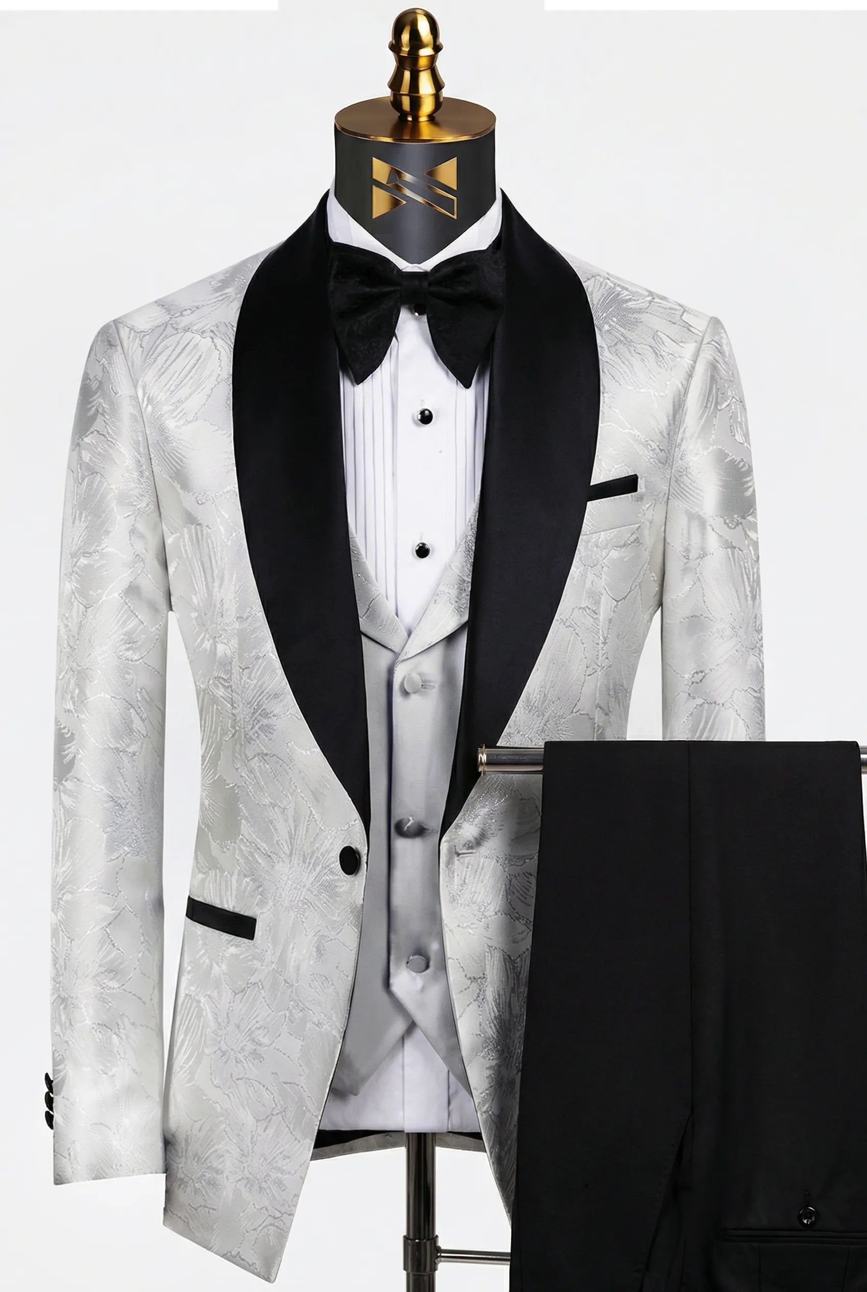 Back view - White Silver Floral Jacquard Shawl Tuxedo - Nevo Suit