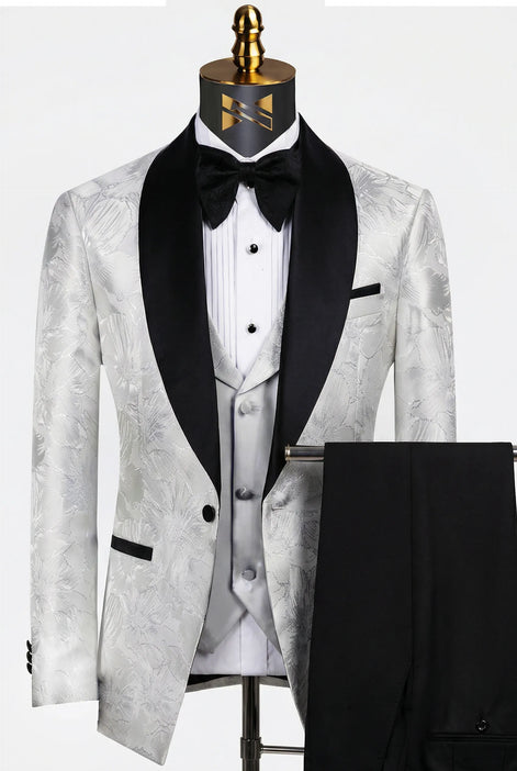 Back view - White Silver Floral Jacquard Shawl Tuxedo - Nevo Suit