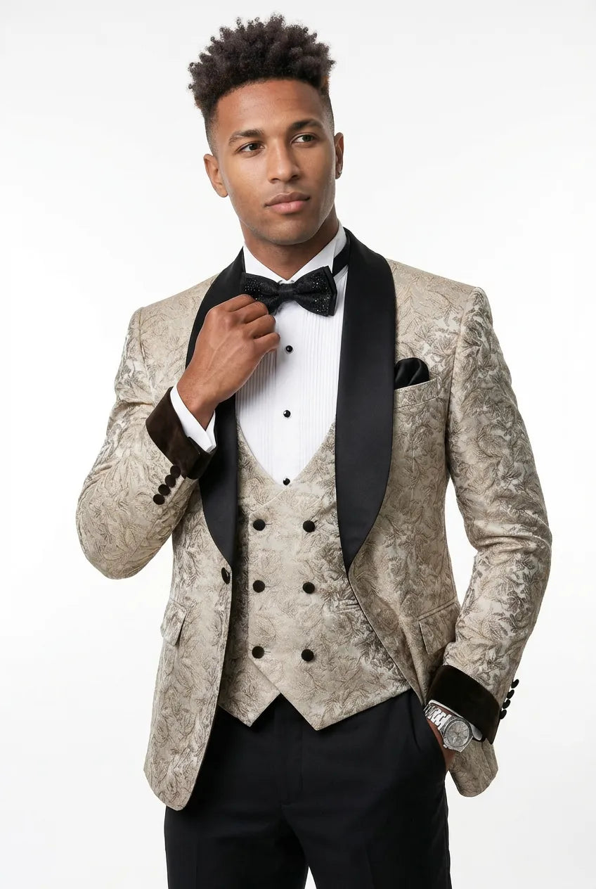 Bronze Shadow - Beige Leaf Jacquard Velvet 3-Piece Tuxedo