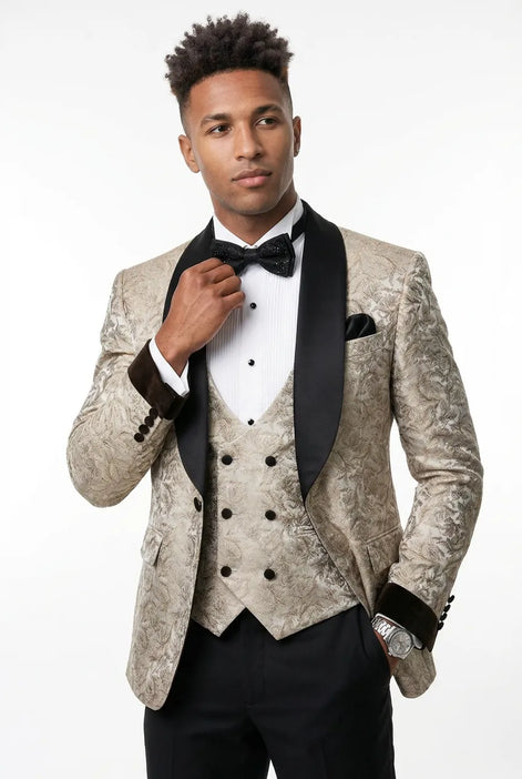 Bronze Shadow - Beige Leaf Jacquard Velvet 3-Piece Tuxedo