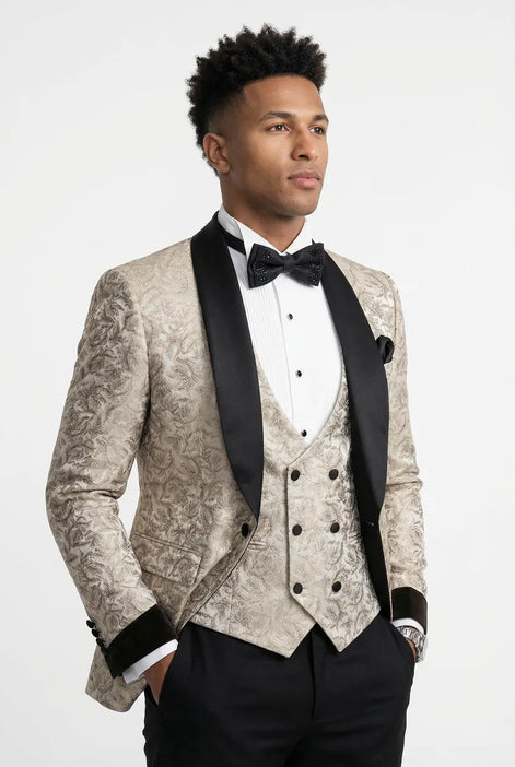 Bronze Shadow - Beige Leaf Jacquard Velvet 3-Piece Tuxedo