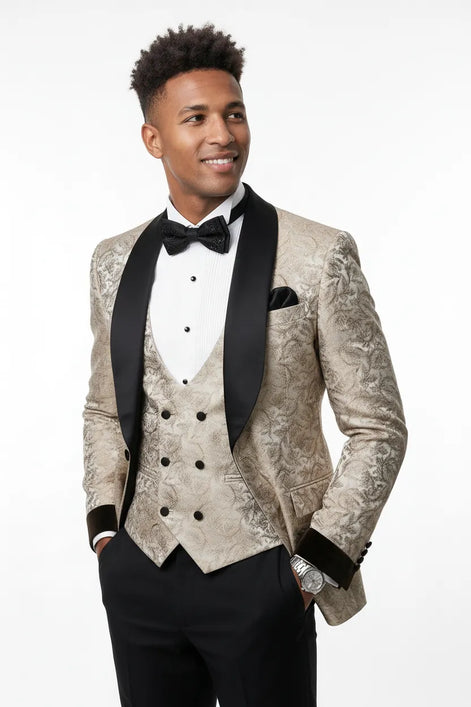 Bronze Shadow - Beige Leaf Jacquard Velvet 3-Piece Tuxedo