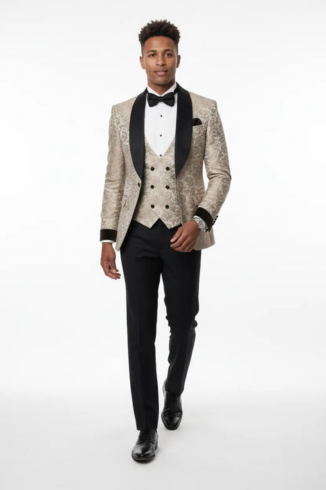 Bronze Shadow - Beige Leaf Jacquard Velvet 3-Piece Tuxedo