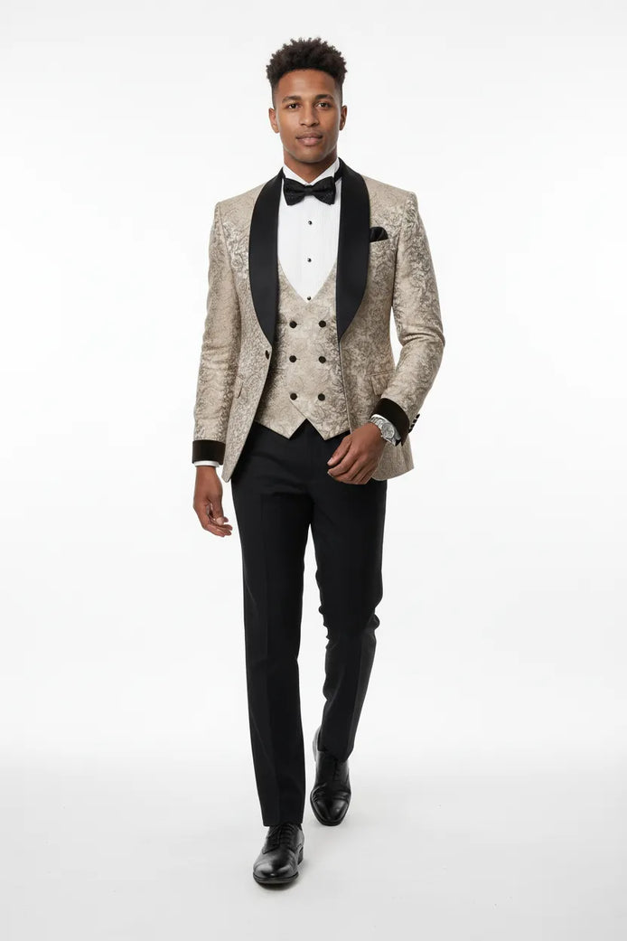 Bronze Shadow - Beige Leaf Jacquard Velvet 3-Piece Tuxedo