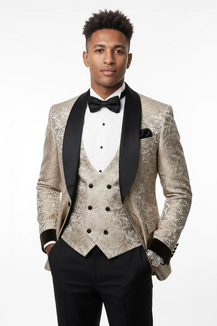 Bronze Shadow - Beige Leaf Jacquard Velvet 3-Piece Tuxedo