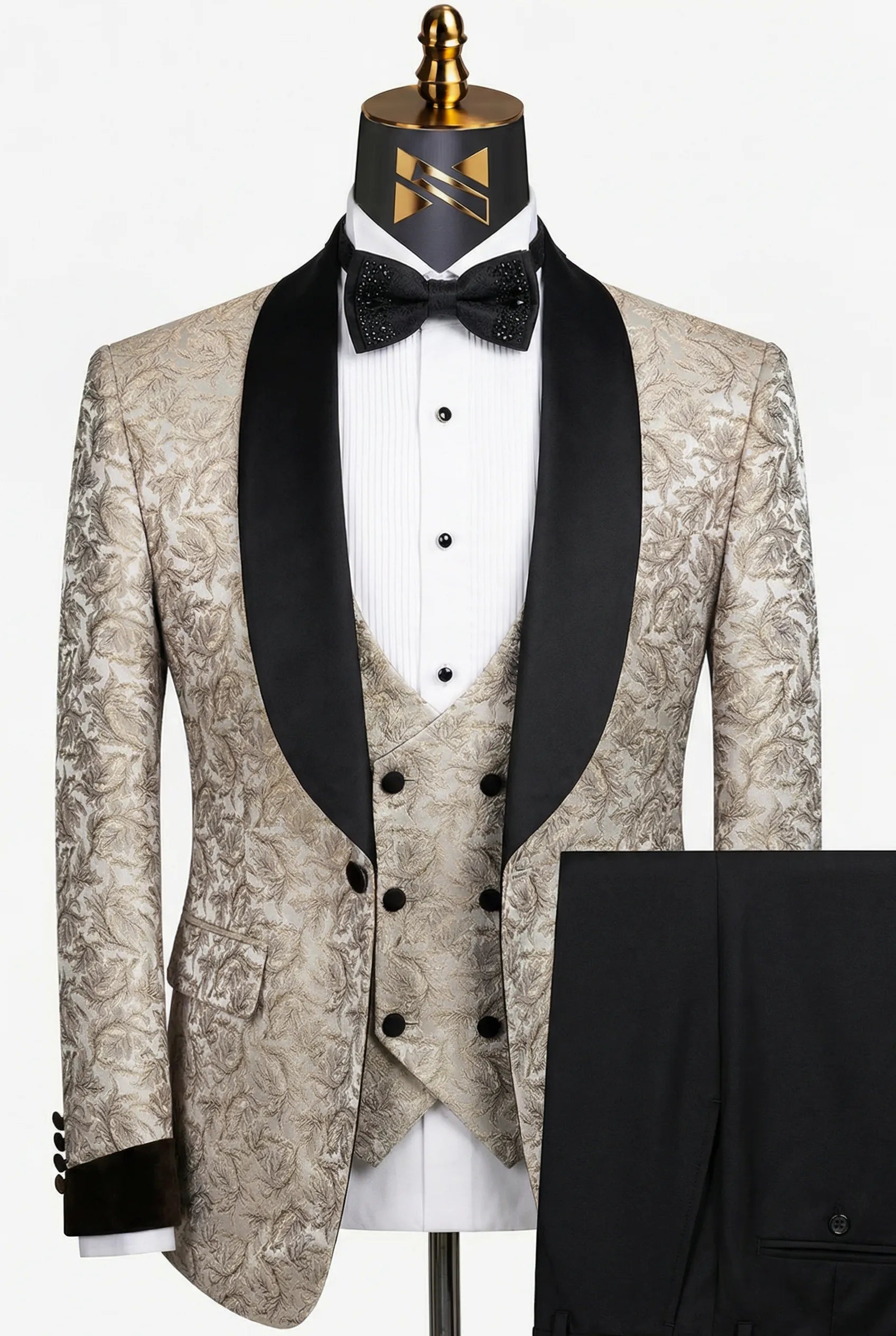 Bronze Shadow - Beige Leaf Jacquard Velvet 3-Piece Tuxedo