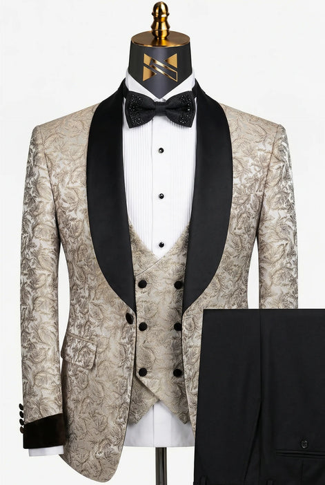Bronze Shadow - Beige Leaf Jacquard Velvet 3-Piece Tuxedo