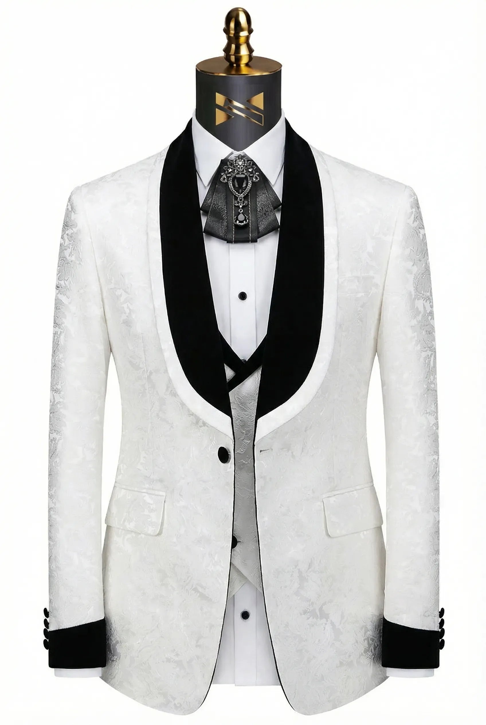 Frost Shadow - White Leaf Jacquard Velvet 3-Piece Tuxedo