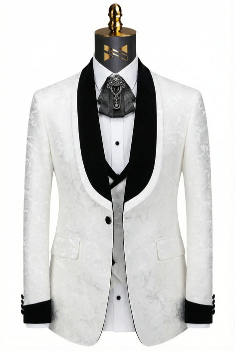 Frost Shadow - White Leaf Jacquard Velvet 3-Piece Tuxedo