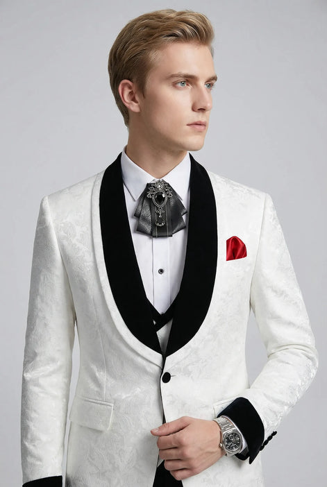Frost Shadow - White Leaf Jacquard Velvet 3-Piece Tuxedo