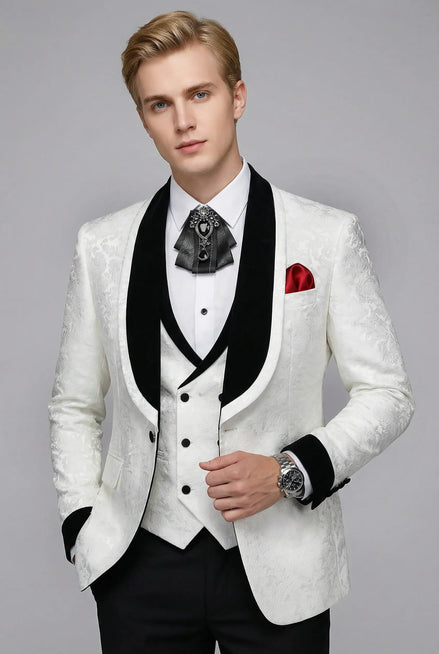 Front View - White Floral Jacquard Tuxedo Black Velvet Lapel - Wedding Gala - Nevo Suits