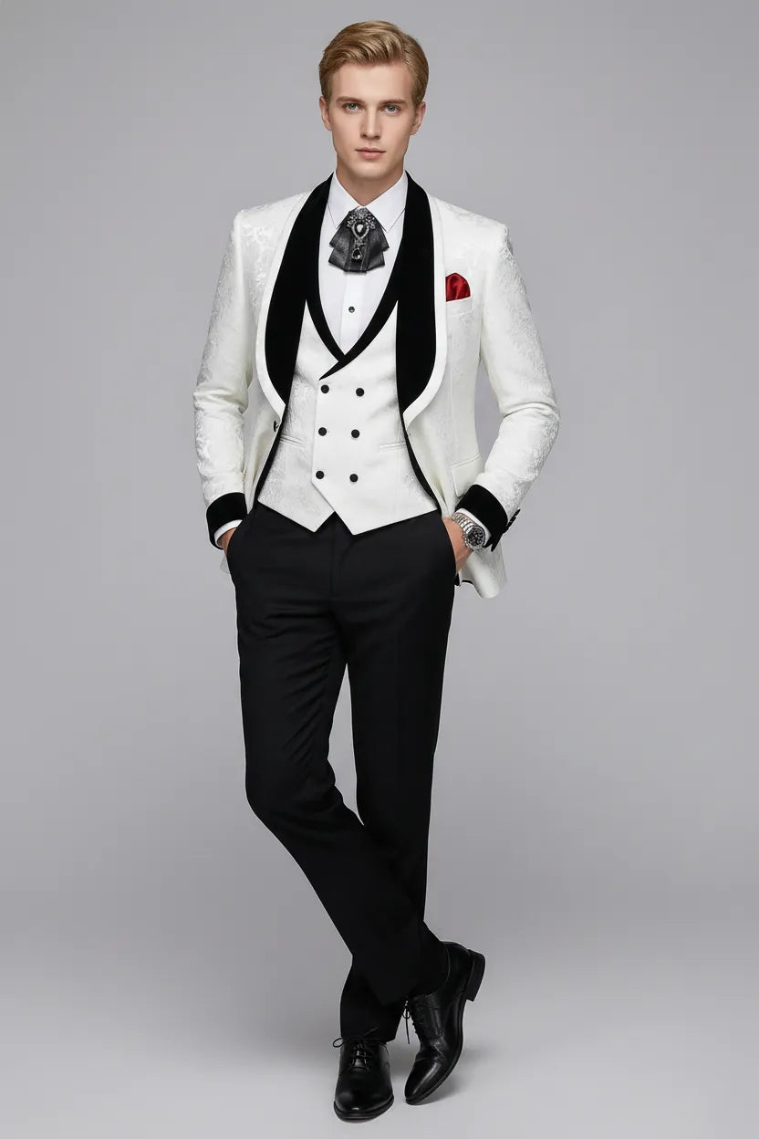 Frost Shadow - White Leaf Jacquard Velvet 3-Piece Tuxedo