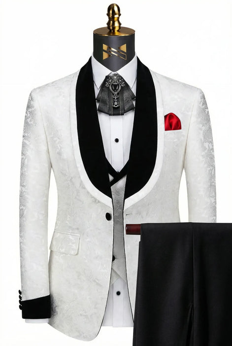 Frost Shadow - White Leaf Jacquard Velvet 3-Piece Tuxedo