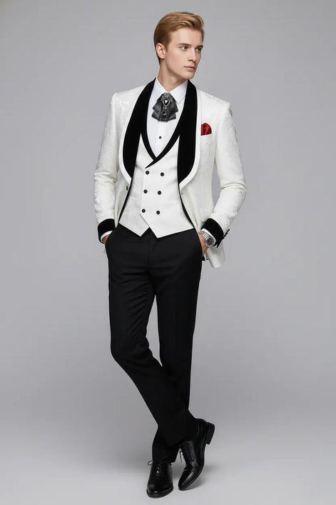 Frost Shadow - White Leaf Jacquard Velvet 3-Piece Tuxedo