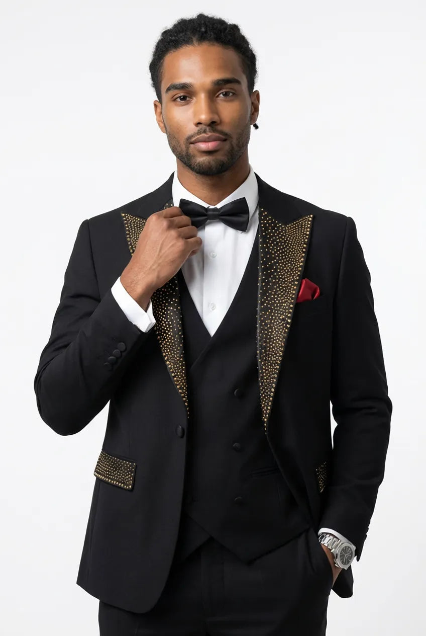 Midnight Mosaic - Black Gold Crystal Peak Lapel 3-Piece Tuxedo Front View - Nevo Suits