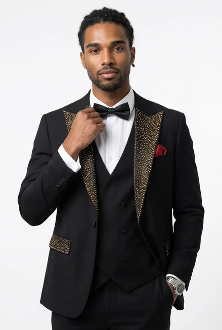 Midnight Mosaic - Black Gold Crystal Peak Lapel 3-Piece Tuxedo Front View - Nevo Suits