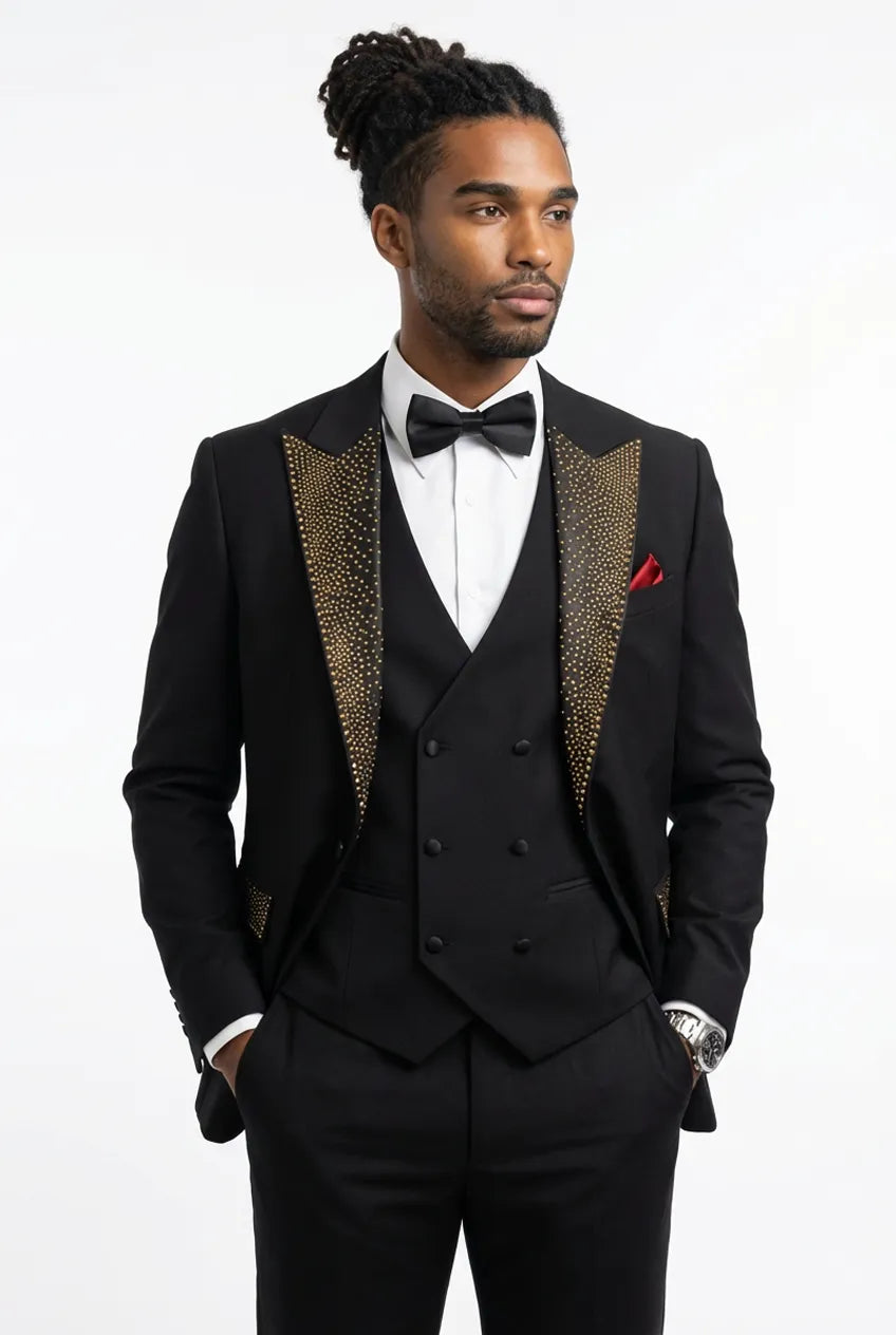 Midnight Mosaic - Black Gold Crystal Peak Lapel Tuxedo Side View - Nevo Suits