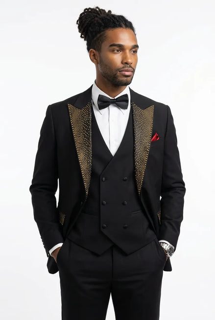 Midnight Mosaic - Black Gold Crystal Peak Lapel Tuxedo Side View - Nevo Suits