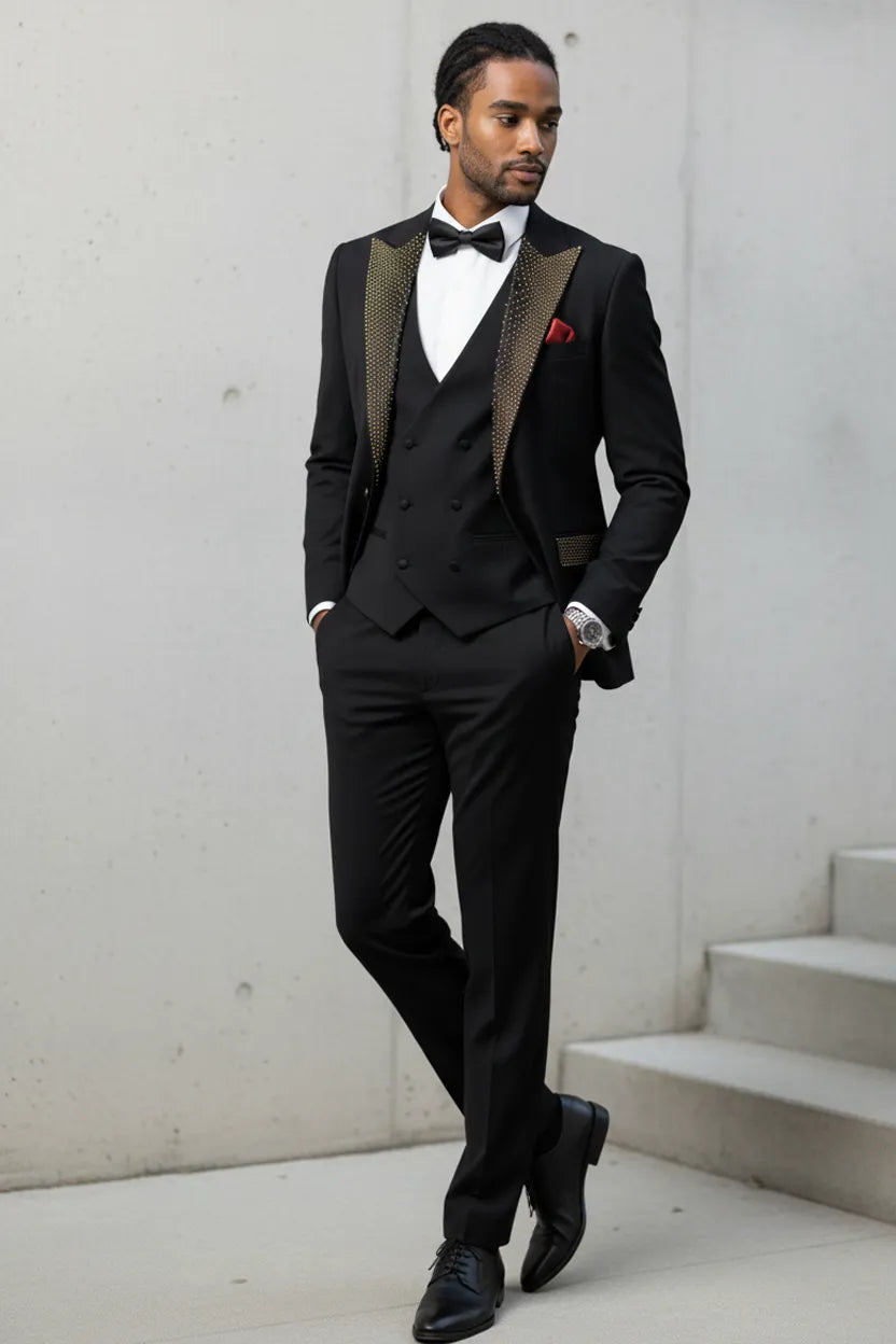 Midnight Mosaic - Black Gold Crystal 3-Piece Set Full View - Nevo Suits