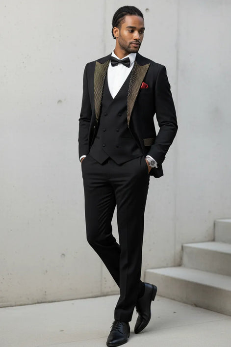 Midnight Mosaic - Black Gold Crystal 3-Piece Set Full View - Nevo Suits