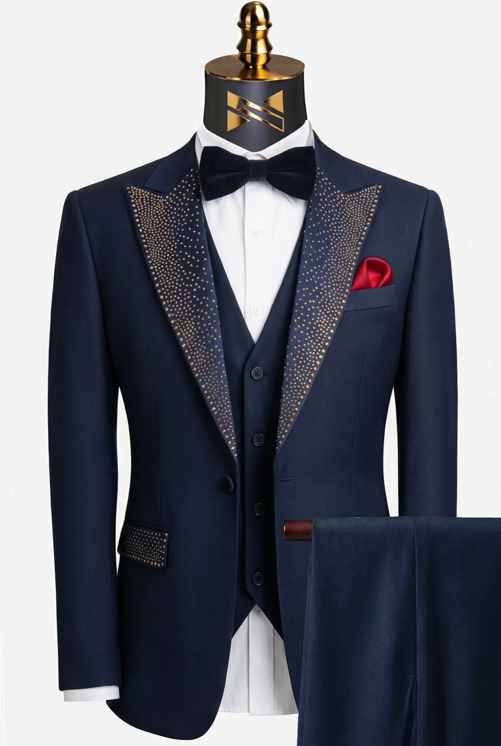 Navy blue gold crystal peak lapel 3-piece tuxedo - Cobalt Starlight - Nevo Suits