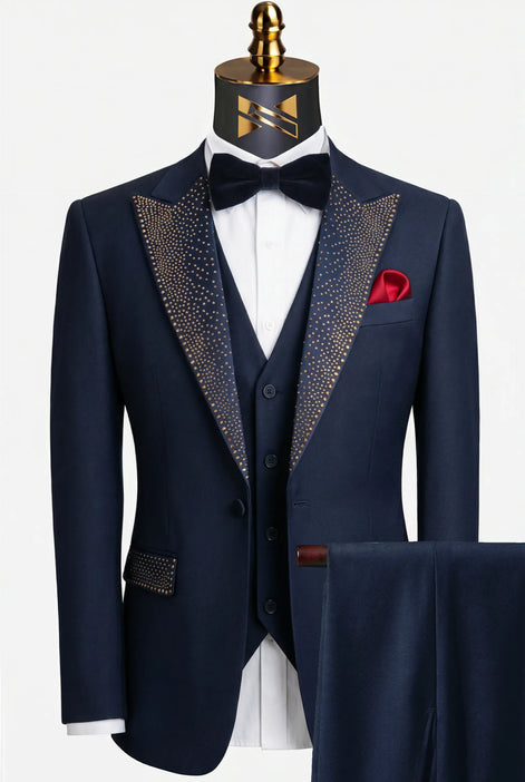 Navy blue gold crystal peak lapel 3-piece tuxedo - Cobalt Starlight - Nevo Suits