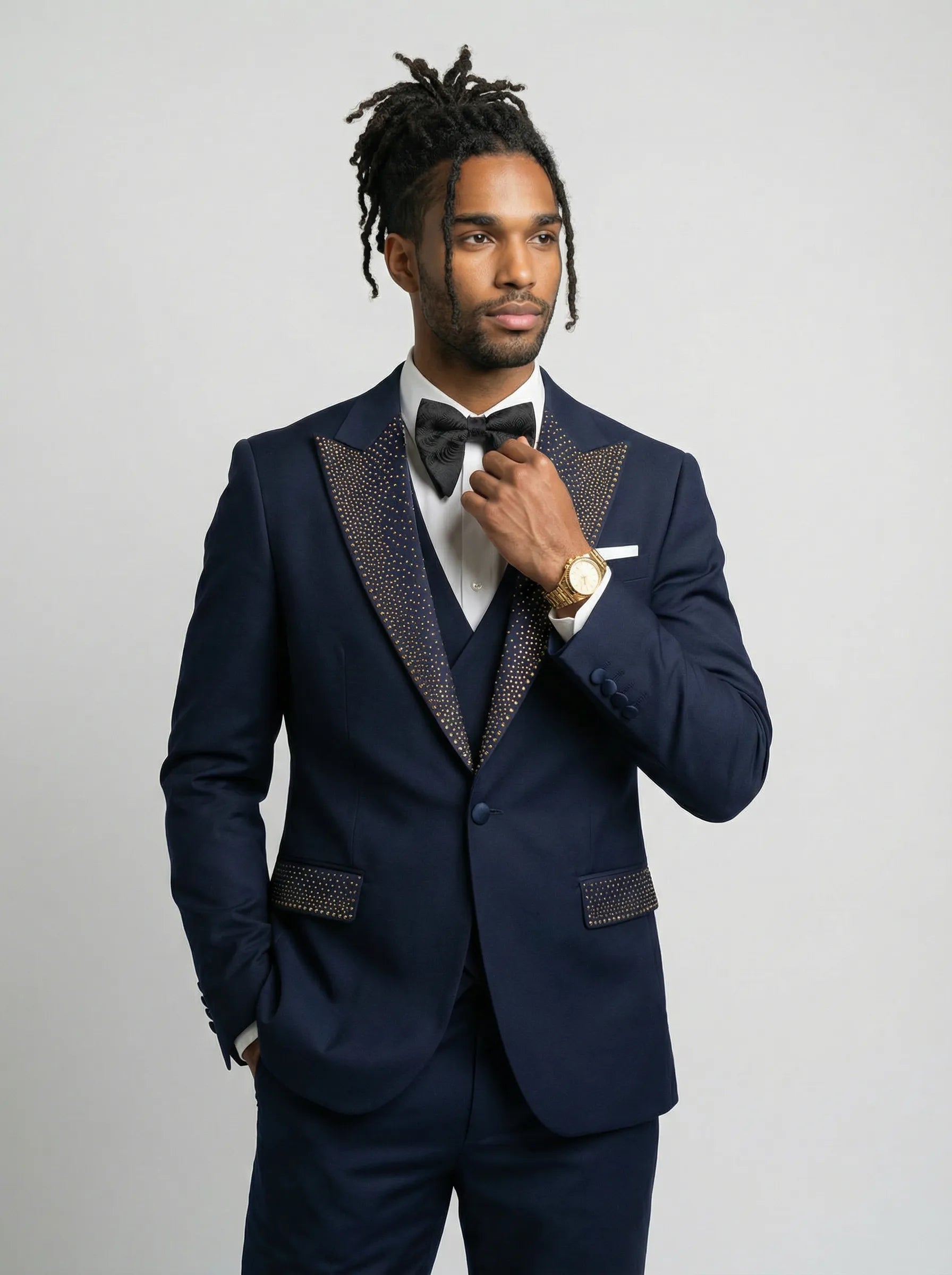Cobalt Starlight - Navy Blue Gold Crystal Peak Lapel 3-Piece Tuxedo - Nevo Suits