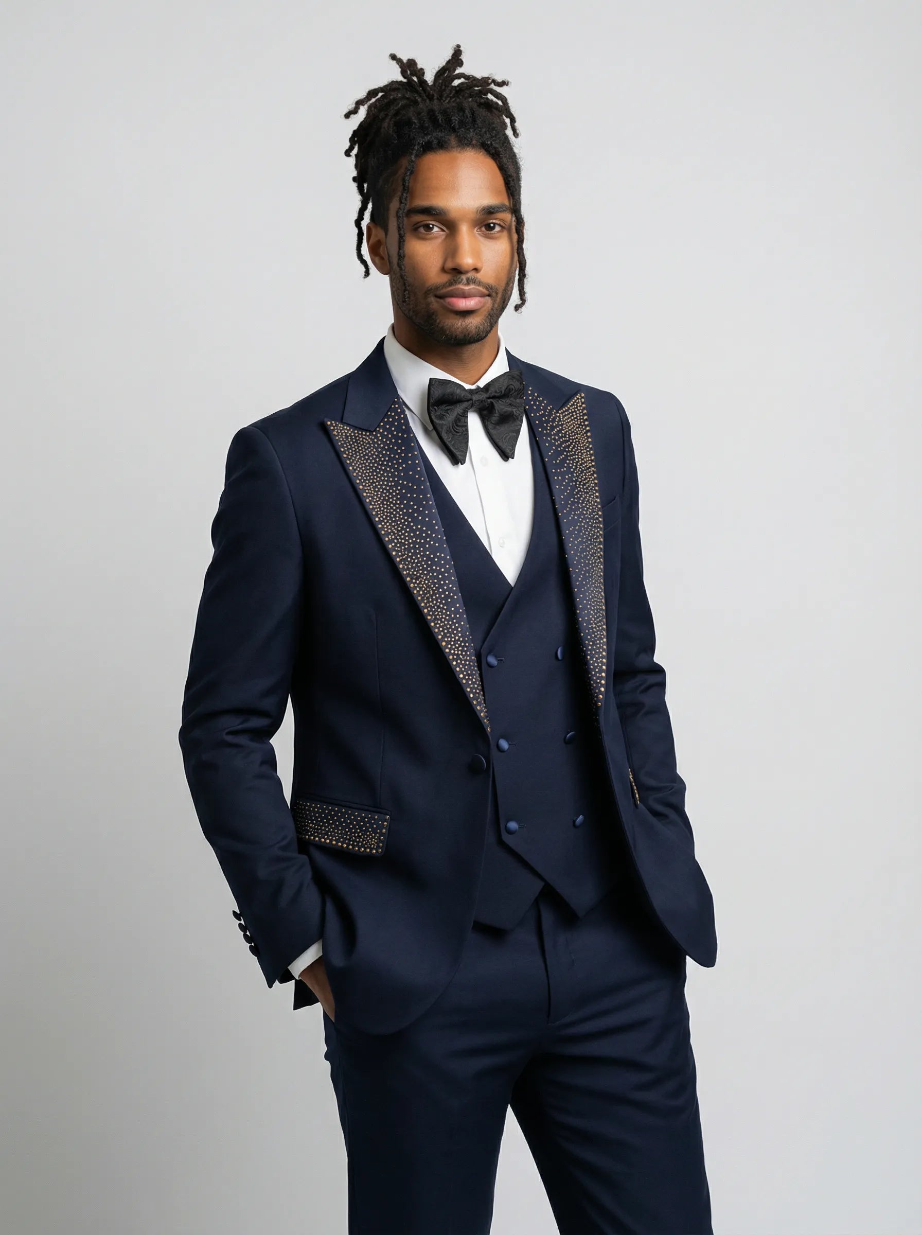 Man wearing Cobalt Starlight navy blue and gold crystal peak lapel tuxedo - Nevo Suits