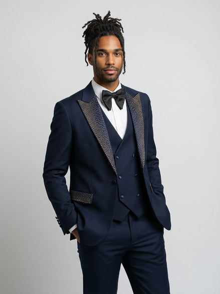 Man wearing Cobalt Starlight navy blue and gold crystal peak lapel tuxedo - Nevo Suits
